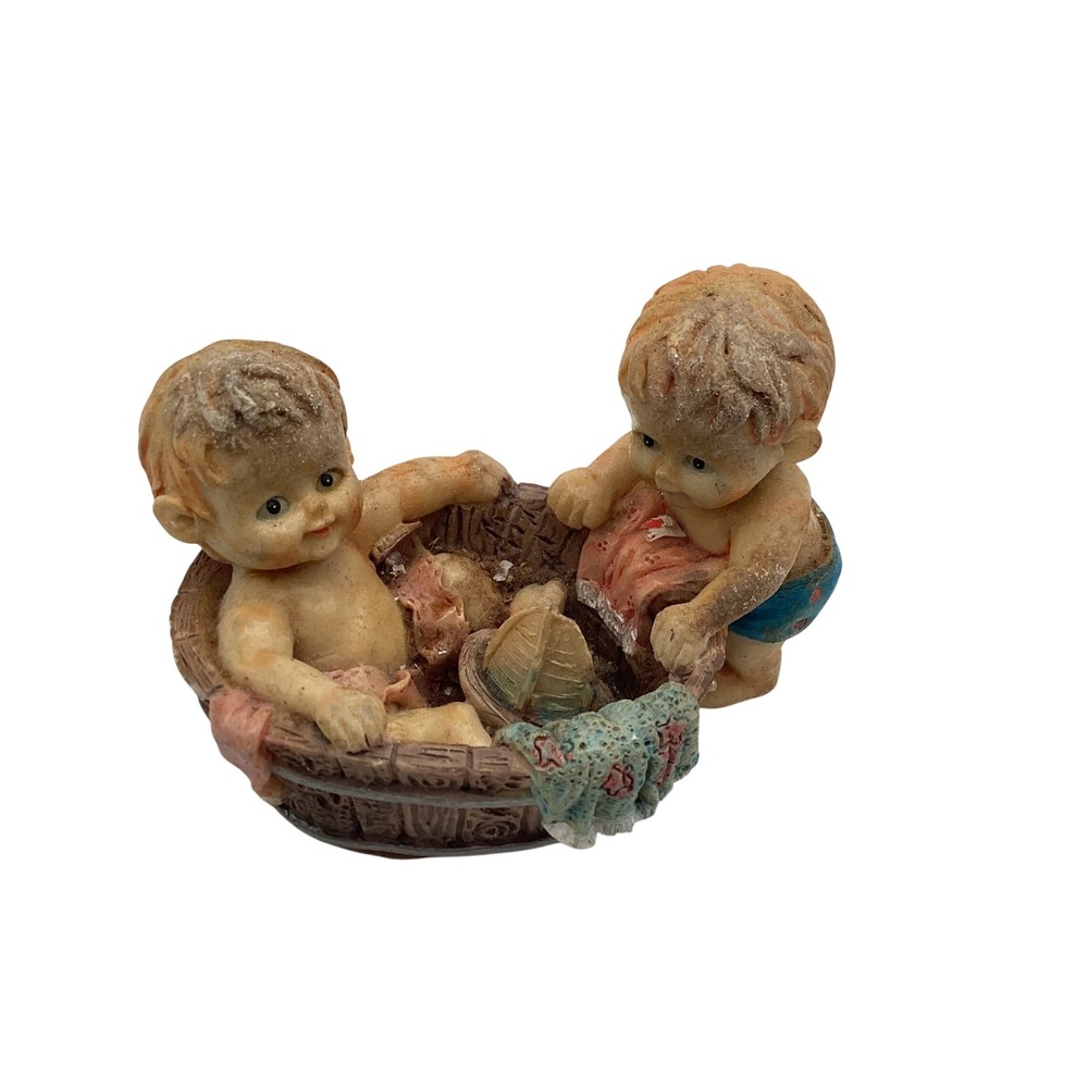 Vintage Resin Babies in Wash Tub Figurine Miniature Nursery Decor Brown Blue